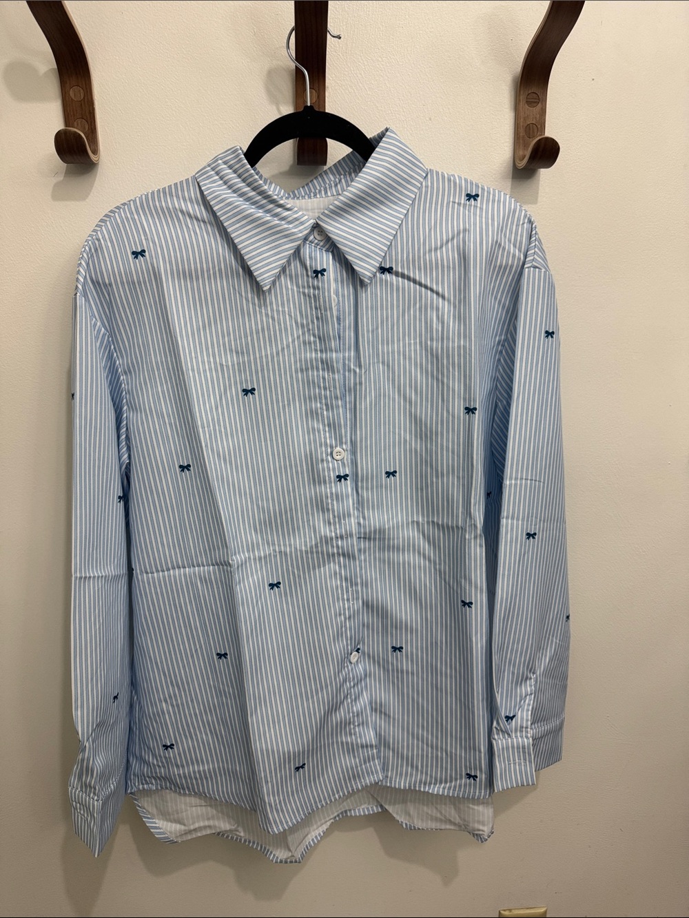 Light Blue Striped Button-Down Shirt with Navy Embroidery - Women